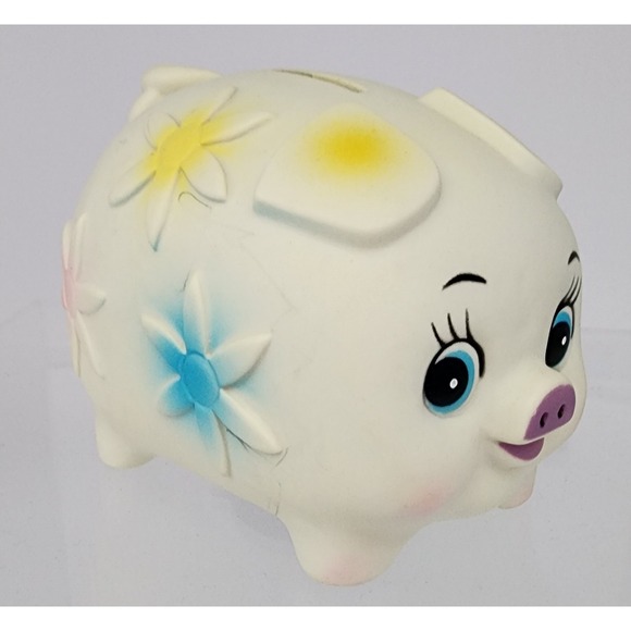 The First Years Other - Vintage The First Years Toy Co. Piggy Coin Bank White Floral 1978 w Stopper